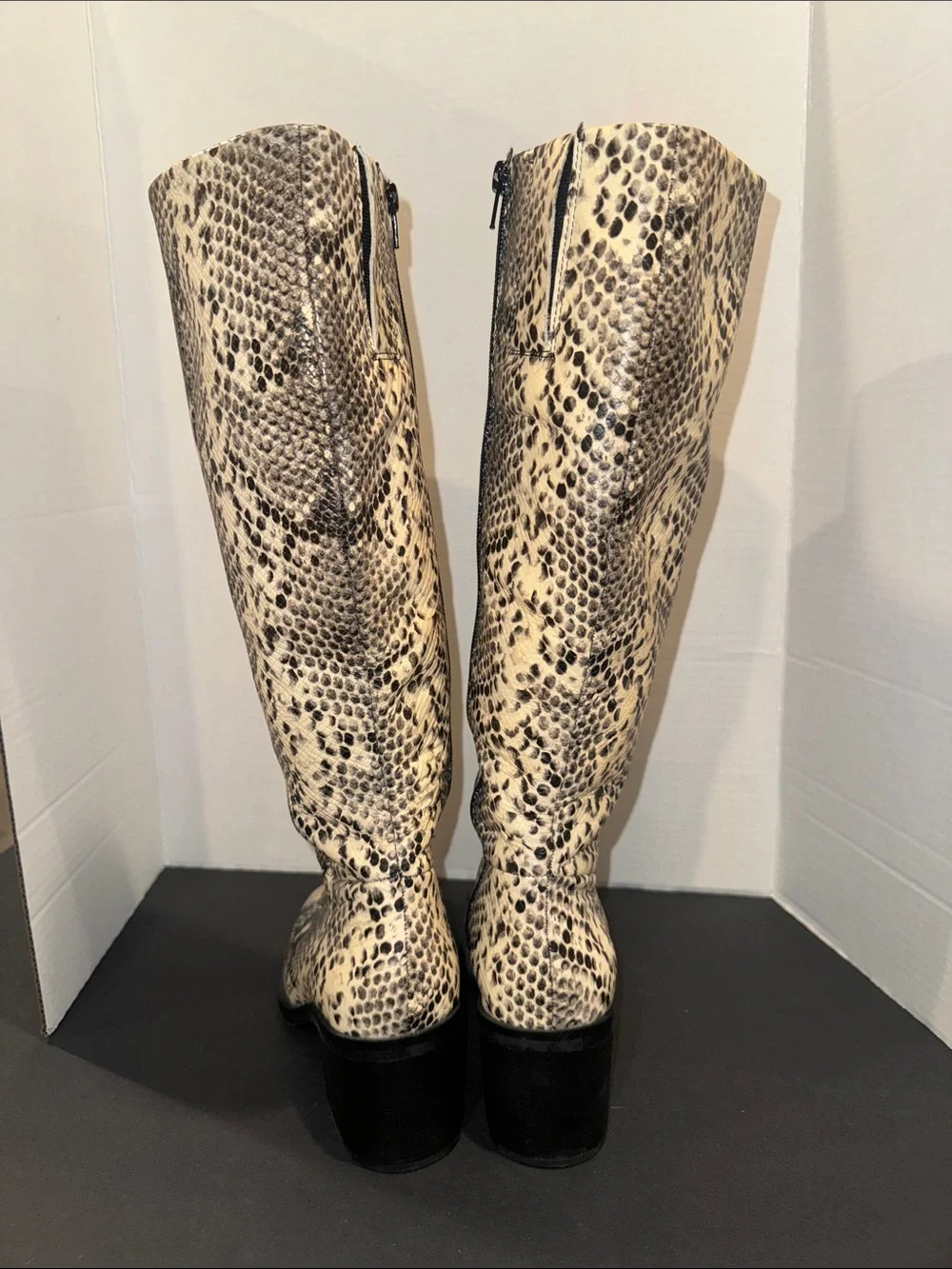 Women's Crown Vintage Knee-High Snake Print Boots in Black and Cream